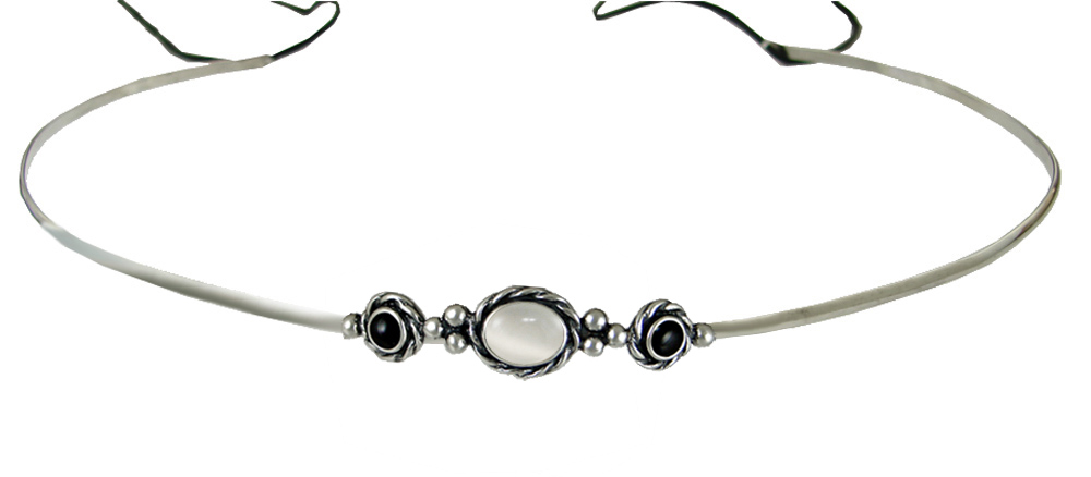 Sterling Silver Renaissance Style Exquisite Headpiece Circlet Tiara With White Moonstone And Black Onyx